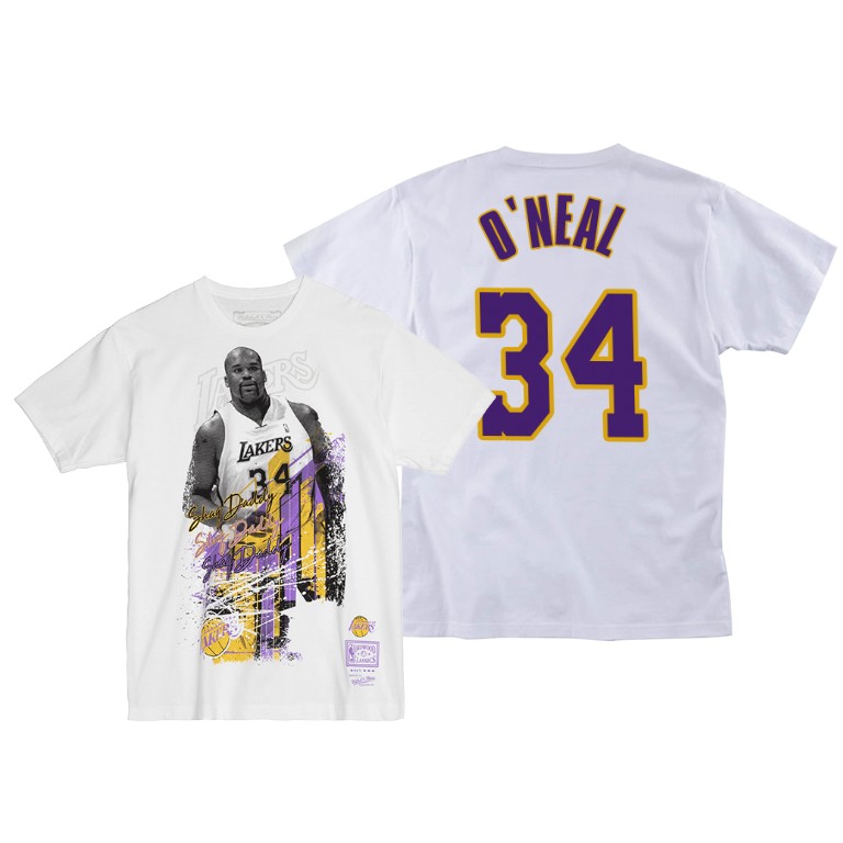 Men's Los Angeles Lakers Shaquille O'Neal #34 NBA Player Burst Retired Legend White Basketball T-Shirt UXK3883ZO